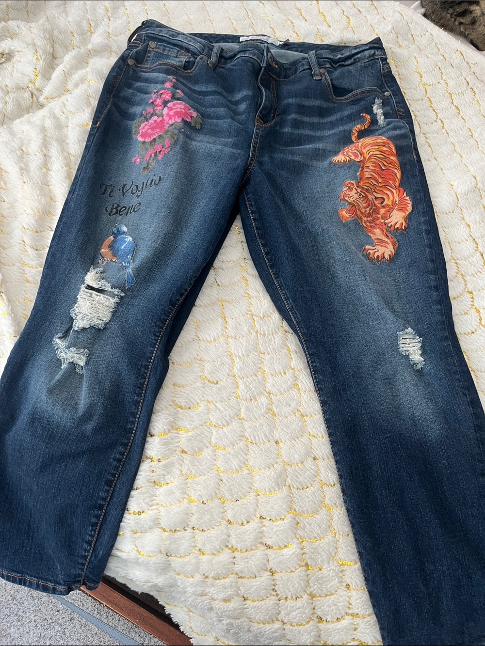 torrid Dark Wash Boyfriend Jeans with Pink Floral & Orange Tiger Embroidery